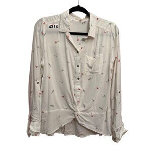 C&C California Women's Shirt M White Cocktail Print Twist Front Roll Tab Sleeve